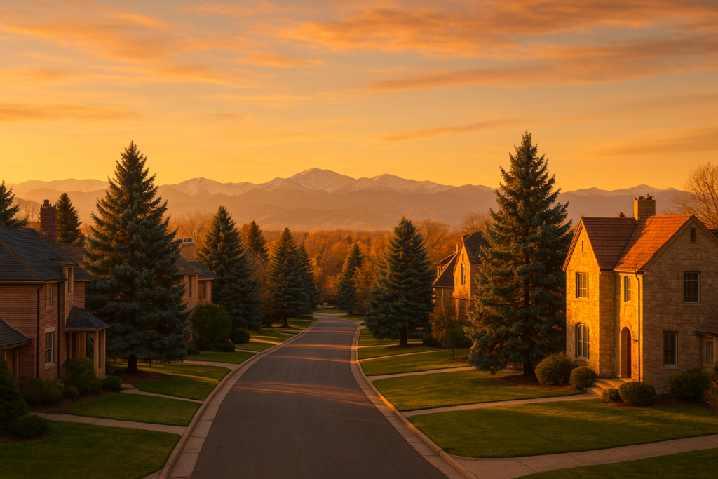 Golden hour view of a South Denver neighborhood looking west toward the Colorado Rockies, with blue spruce trees and brick homes, representing Washington Park and University Hills
