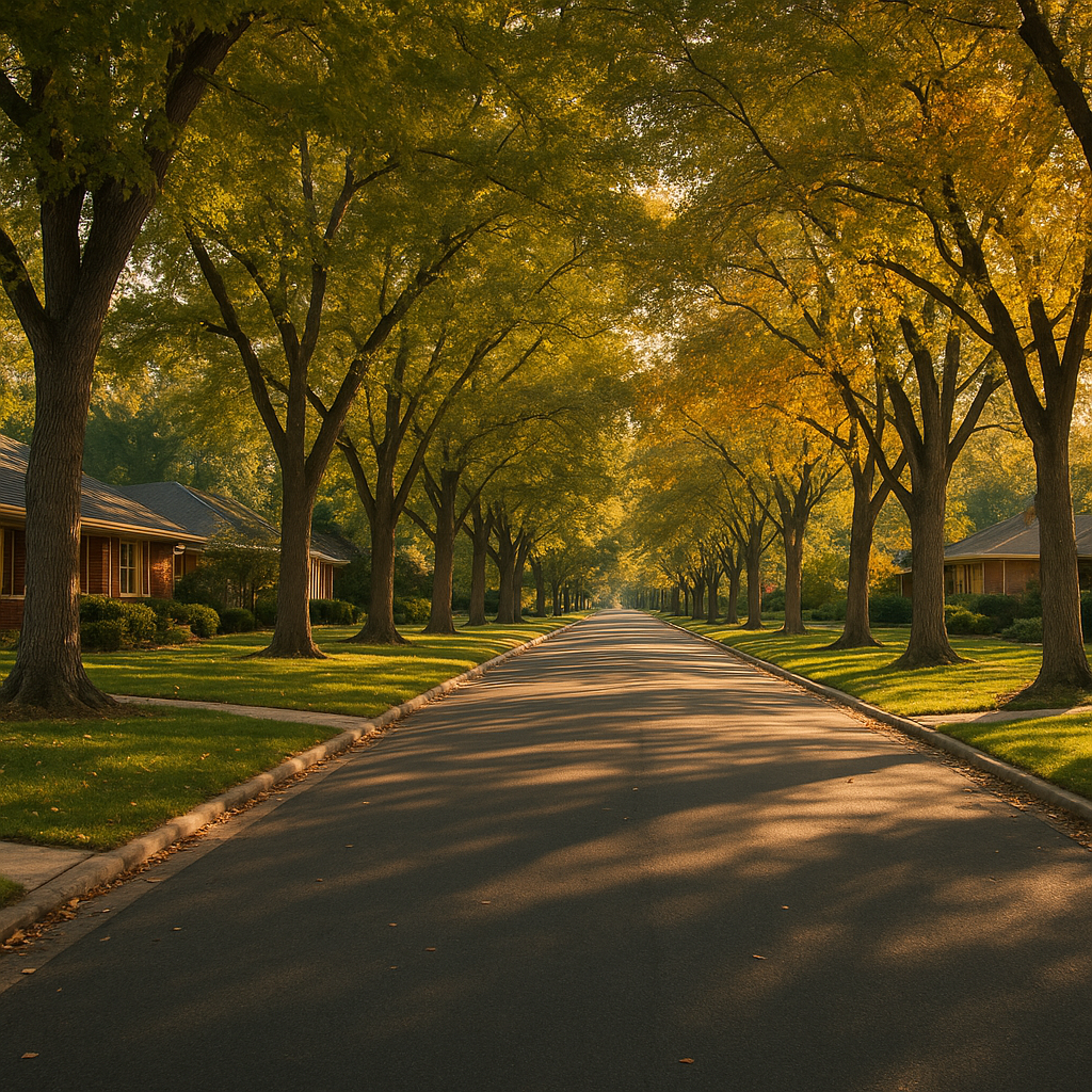 Tree-canopied residential street in Belcaro, an upscale Denver neighborhood between Cherry Creek and Bonnie Brae
