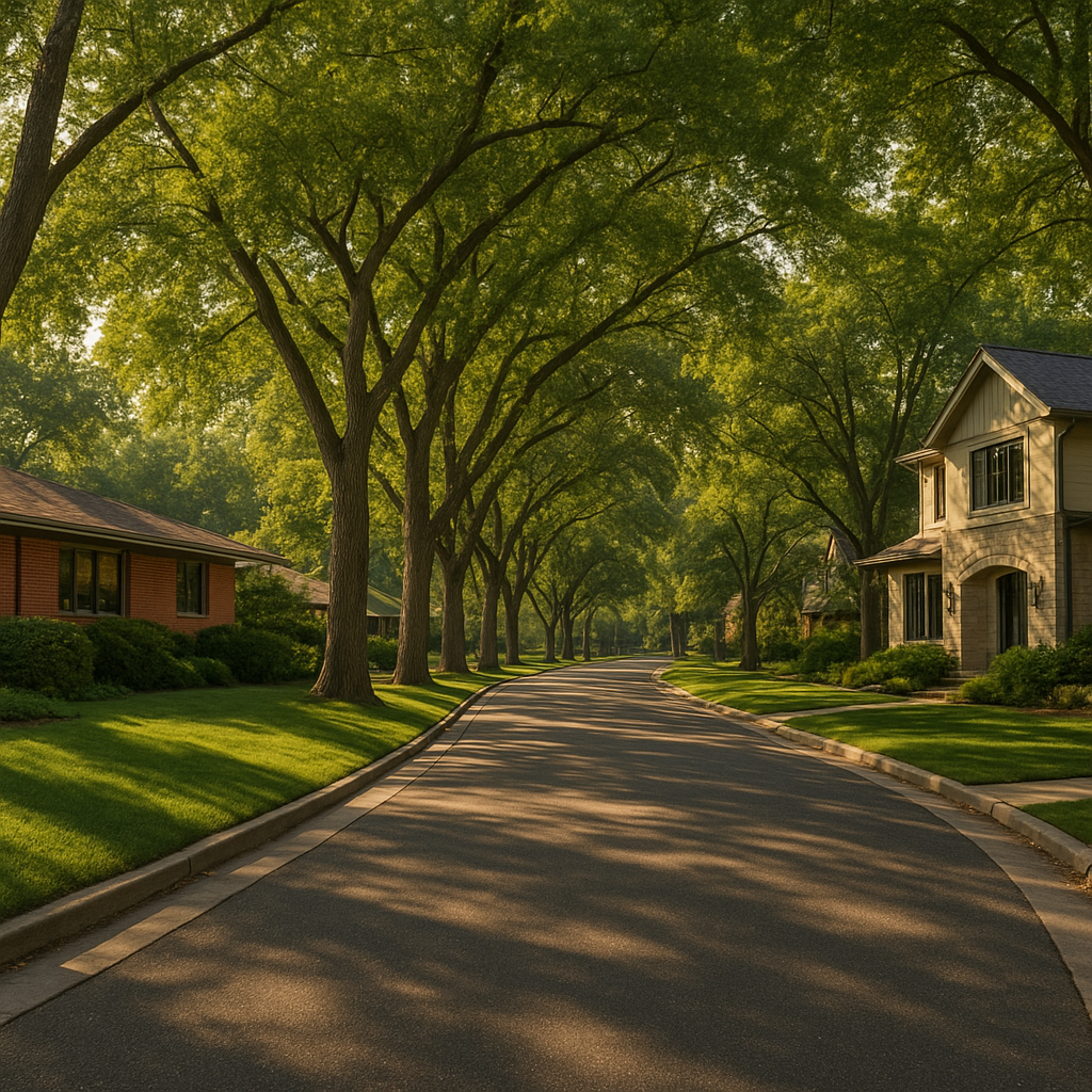 Tree-lined Belcaro street in Denver with mature trees and luxury homes on generous lots at golden hour