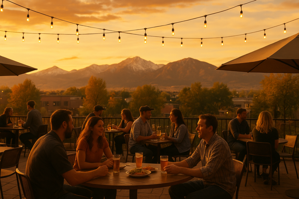Outdoor dining patio with locals at Cherry Creek, Washington Park, or Platt Park restaurant in South Denver at golden hour