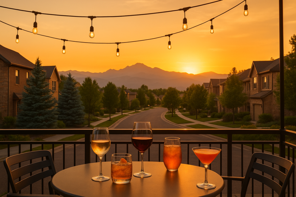 Golden hour view of a South Denver restaurant patio with the Colorado Rockies in the background, representing happy hour spots in Cherry Creek, Washington Park, and Platt Park