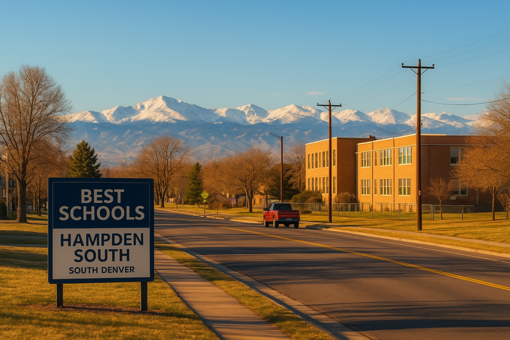 Best Schools in Hampden South Denver - street view with Rocky Mountains backdrop