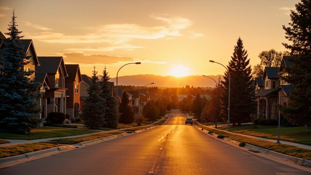Golden hour view of a South Denver neighborhood street with brick homes and blue spruce trees, Colorado Rockies in the background near University Hills