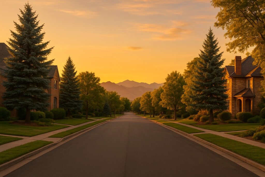 Golden hour view of a South Denver neighborhood street with brick homes, blue spruce trees, and the Colorado Rockies in the distance