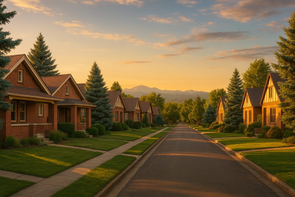 Historic brick bungalow homes in Bonnie Brae, South Denver, at golden hour with the Colorado Rockies in the distance