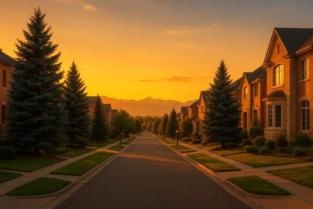 Golden hour view of Cherry Creek South Denver homes with Colorado Rockies mountains in the background