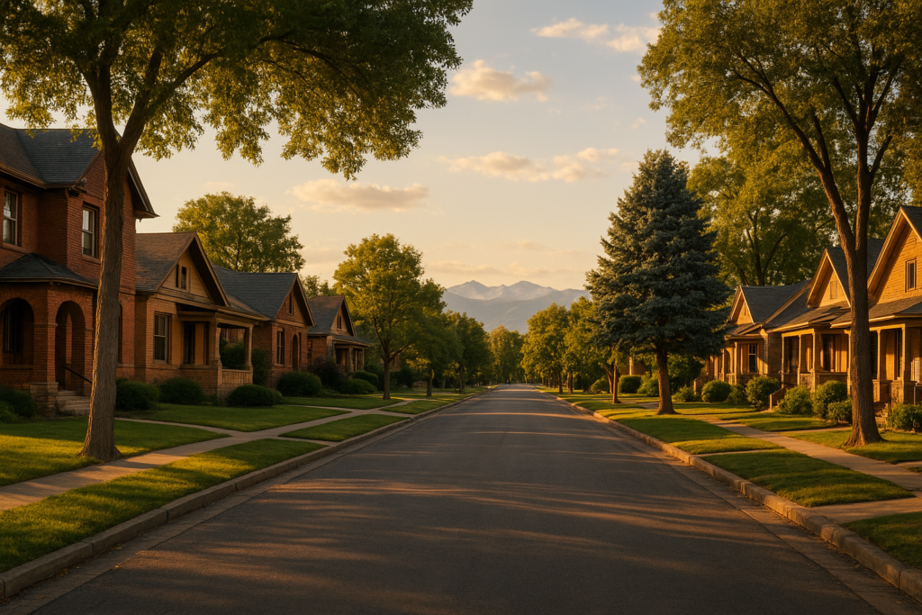 Historic Platt Park Denver street with brick homes and Rocky Mountains at golden hour