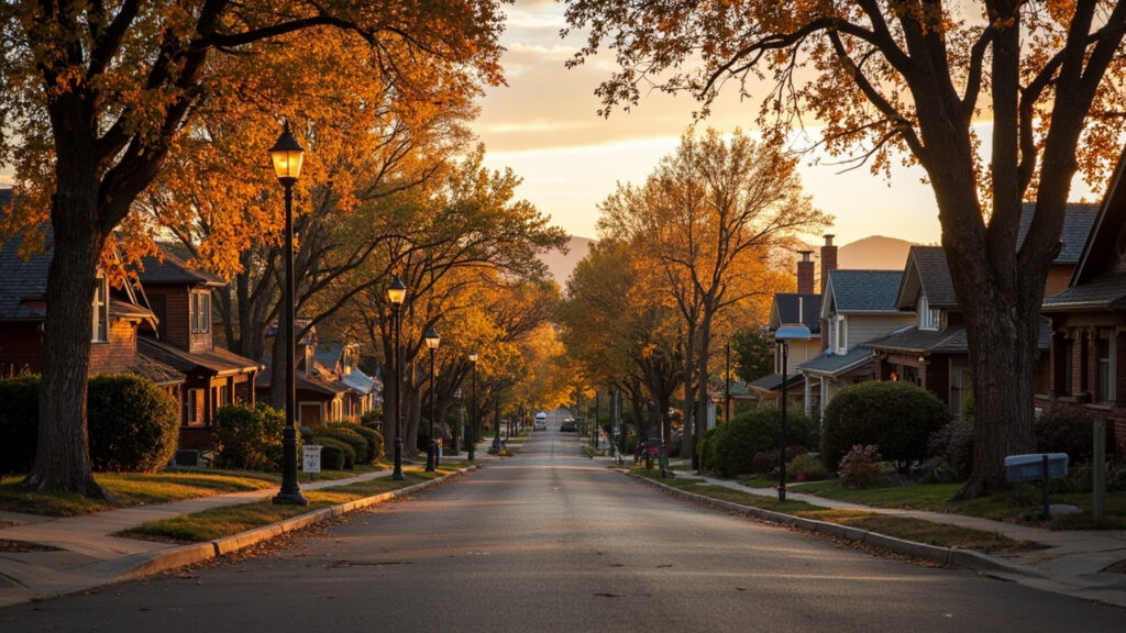 Historic homes near Washington Park in South Denver at golden hour with the Rocky Mountains in the background