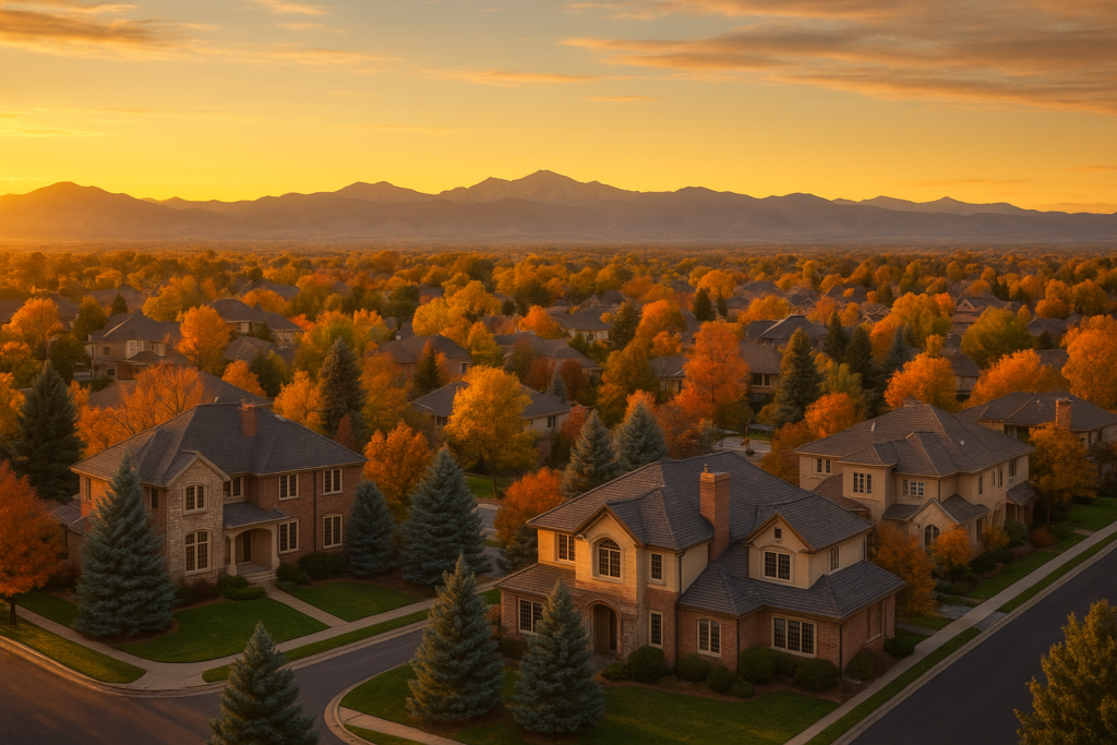 Golden hour view of South Denver homes with Colorado Rockies in the background, representing Cherry Creek and Bonnie Brae neighborhoods