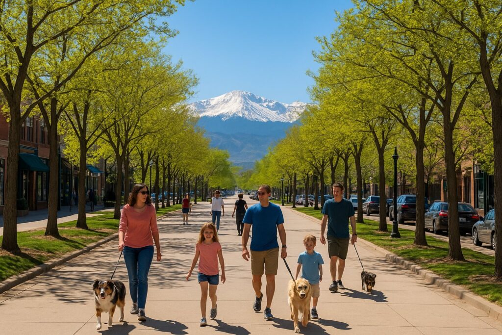 Tree-lined pedestrian street in Belcaro, a South Denver neighborhood between Cherry Creek and Washington Park, with Colorado Rockies in the background