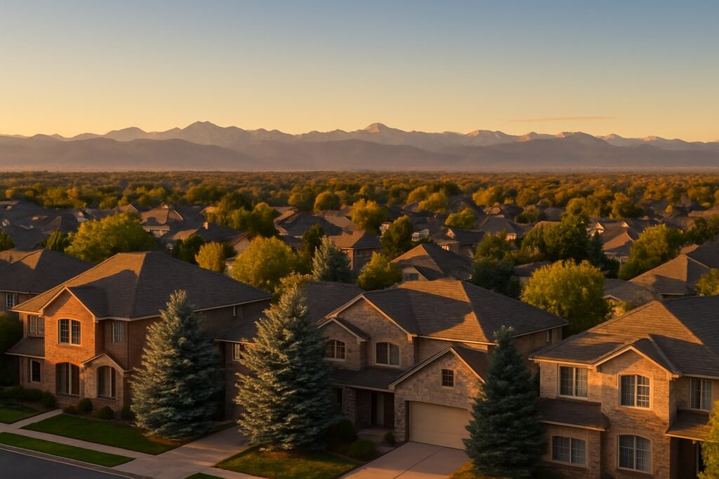 South Denver neighborhood at golden hour with Colorado Rockies mountain views, brick homes and blue spruce trees