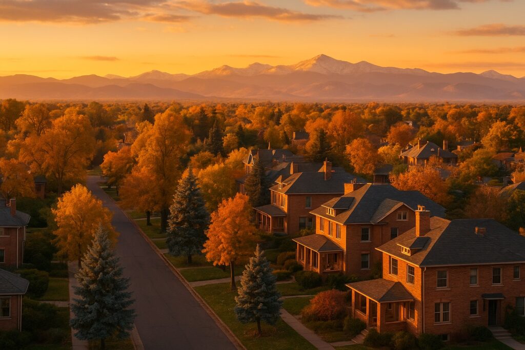 Golden hour view of Washington Park Denver neighborhood with Colorado Rockies mountains in the background