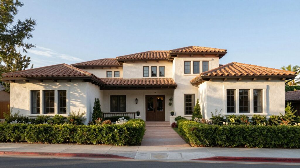 A white stucco Mediterranean style home with a tile roof and hedges in Belcaro