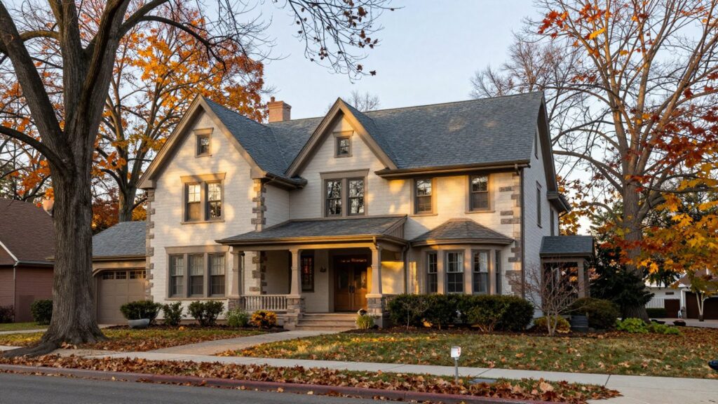 A stone Tudor style home among fall trees in Belcaro