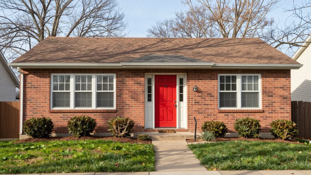 A small brick ranch home with a red front door in South Denver