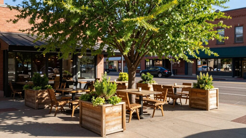 A tree shaded restaurant patio with wooden tables on a South Denver street