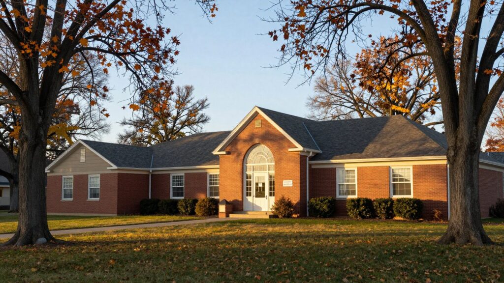 A small brick school building with an arched entry under fall trees in Englewood