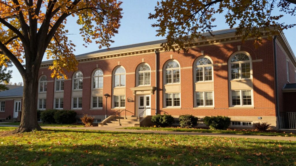 A brick school with arched windows and old shade trees near Bonnie Brae