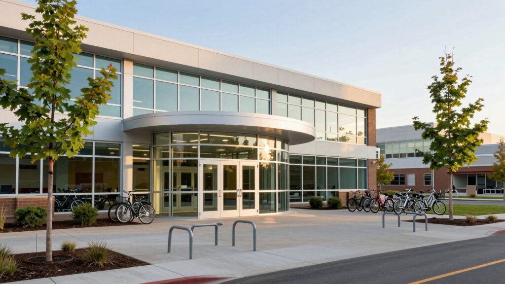 A modern school building with a curved glass entry and bike racks in Cherry Creek