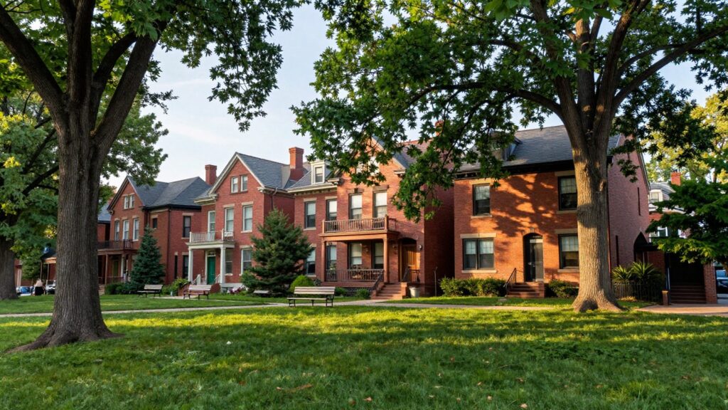 A small park with big trees beside red brick homes in Observatory Park Denver