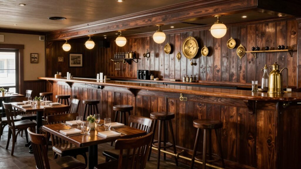 A historic western steakhouse dining room with dark wood and a long bar