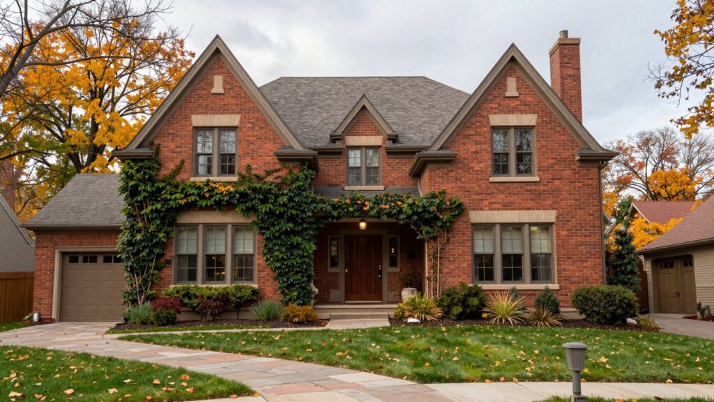 A brick English cottage style home with ivy and a curving walk in Bonnie Brae