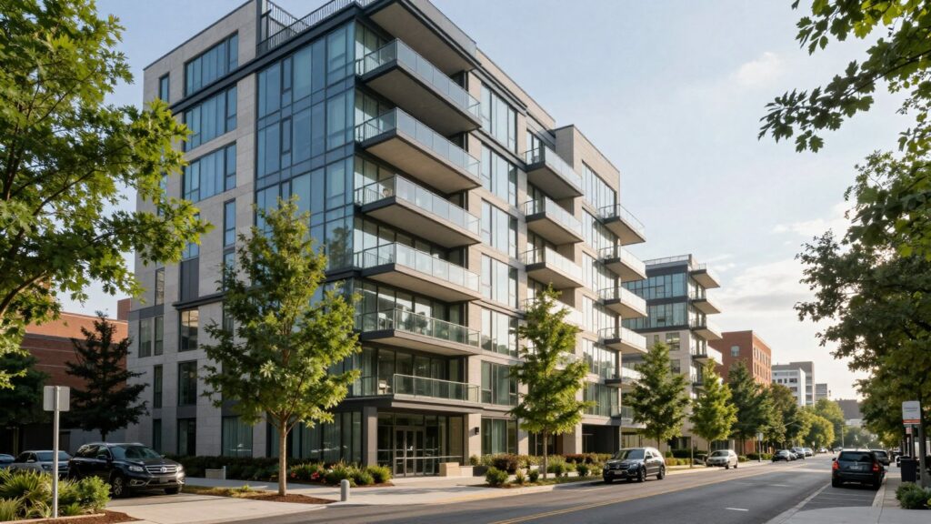 A modern luxury condo building with balconies on a tree lined Cherry Creek street