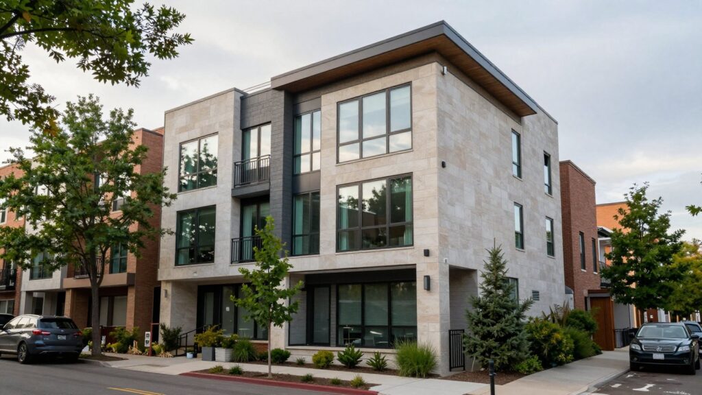 A modern limestone and glass townhome on a tree lined Cherry Creek street