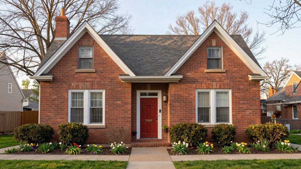 A brick cottage with a red front door and spring flower beds in Bonnie Brae