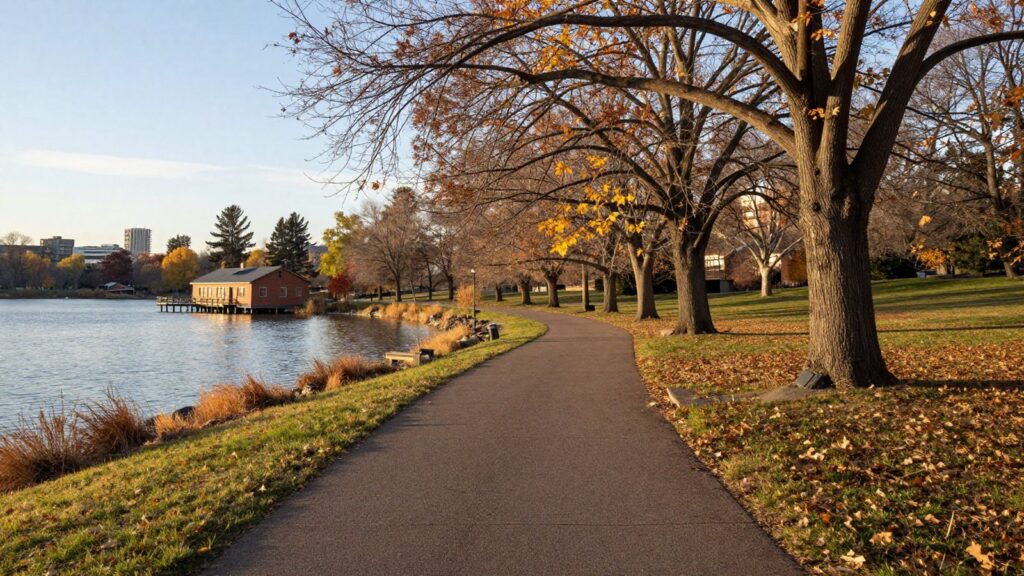A leafy path along the lake with a small boathouse in Washington Park in fall