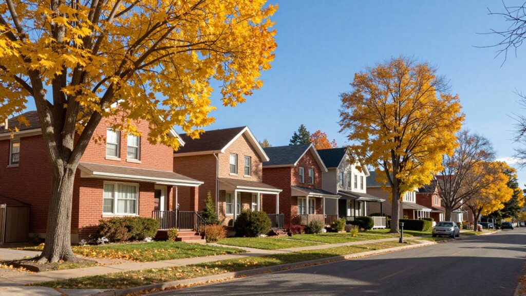Autumn street of brick ranch homes and a newer house in Cory Merrill, Denver (AI illustration)