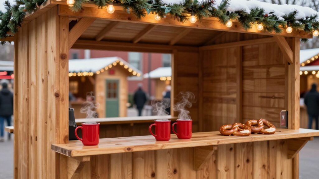 Steaming red mugs and pretzels on a wooden hut counter at a Denver Christkindl Market style holiday market at dusk