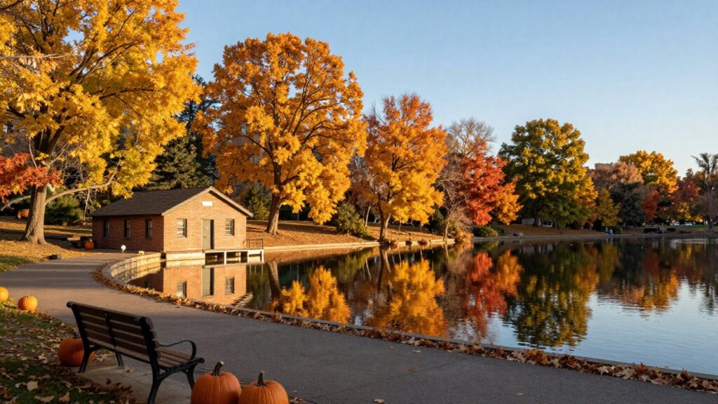 Golden fall trees reflected in a park lake beside a brick boathouse in South Denver, with pumpkins on a bench