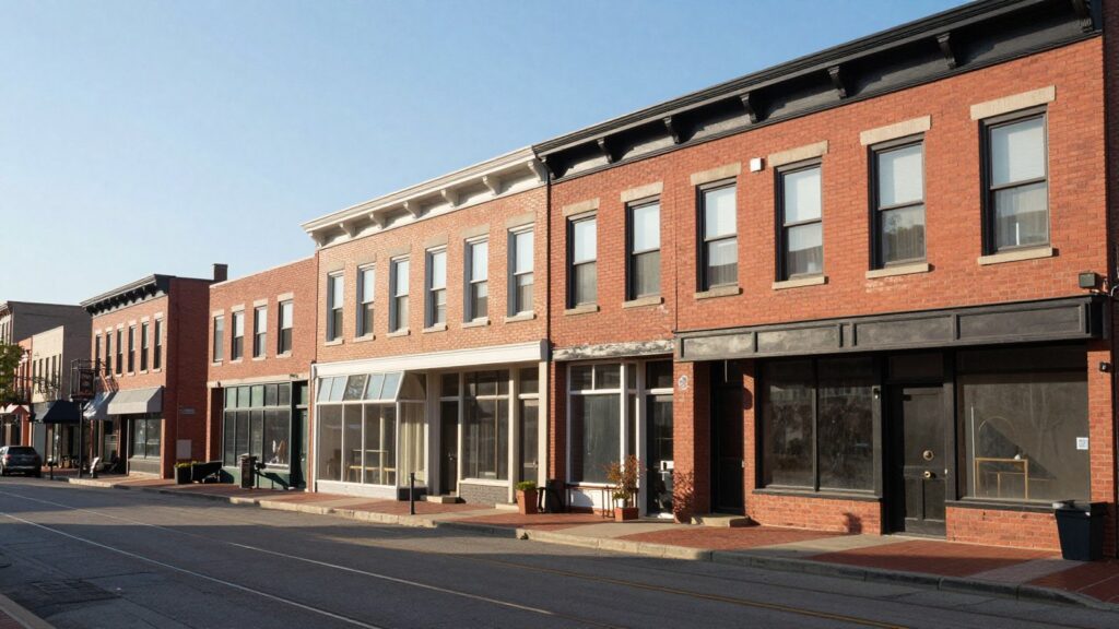 Historic brick commercial buildings and light rail tracks in Five Points Denver