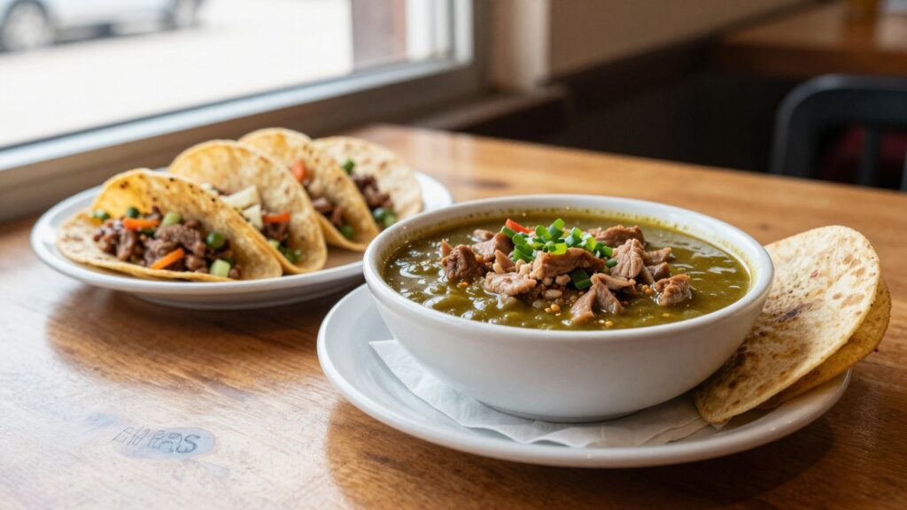 Green chile stew with a tortilla and street tacos at a neighborhood restaurant