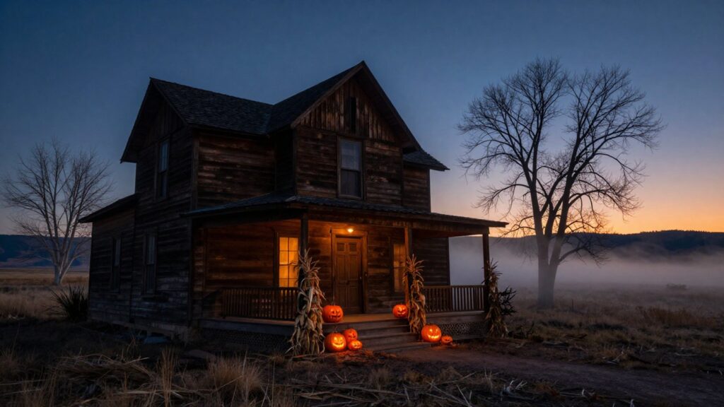 Old farmhouse with glowing jack o lanterns and cornstalks at dusk on the plains near Denver