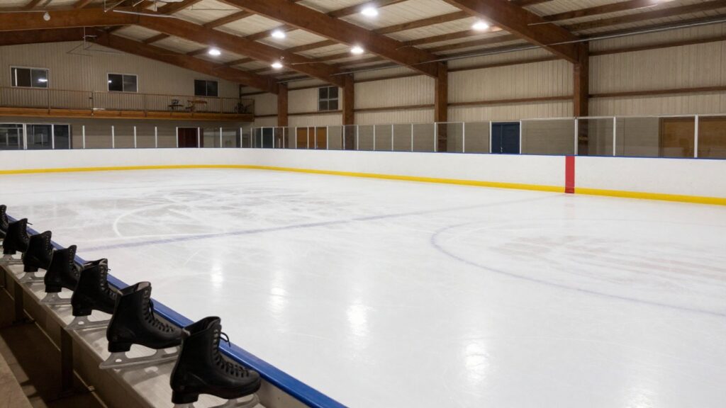 Empty indoor ice rink with fresh ice and rental skates on a bench, like the rinks near South Denver