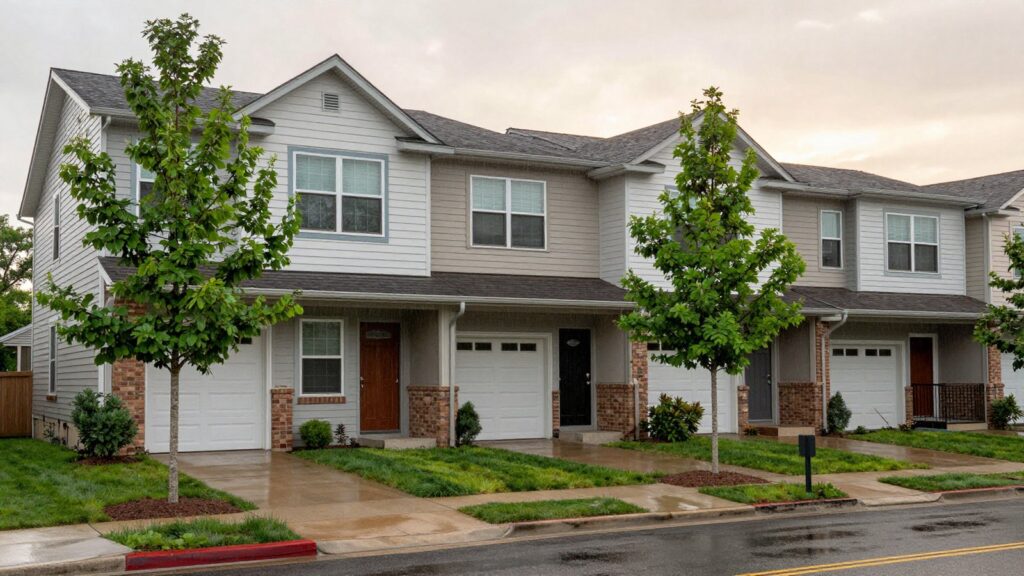 A row of newer townhomes with young trees on a wet South Denver street after rain
