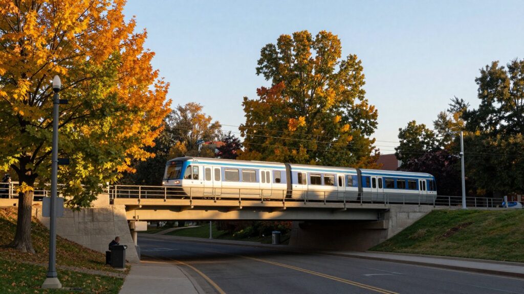 A light rail train crossing a bridge over a tree lined South Denver parkway