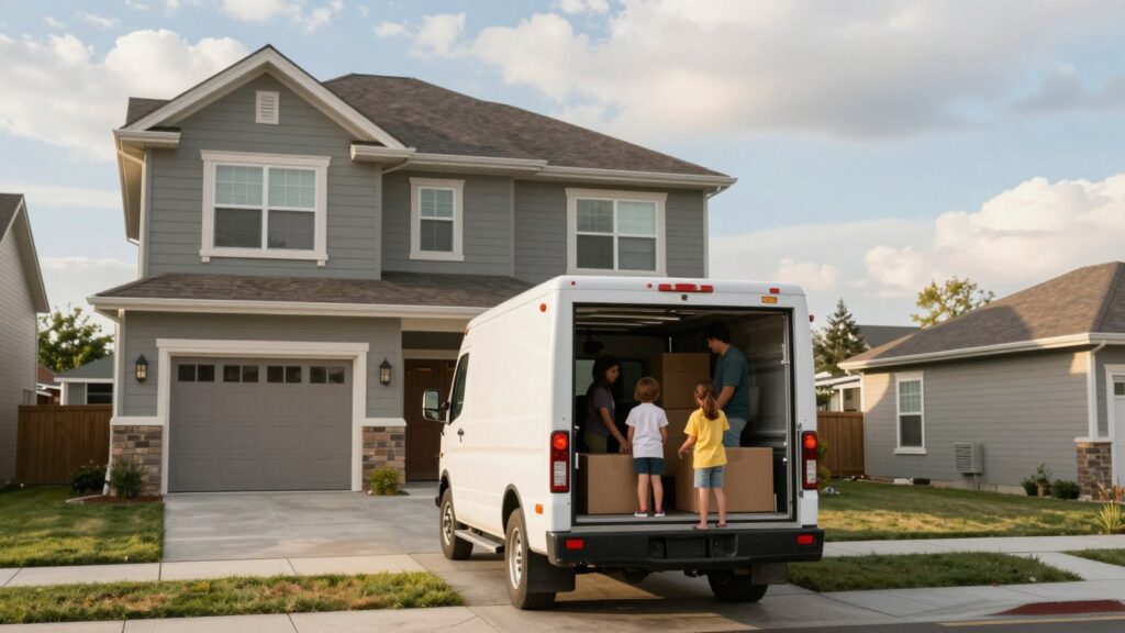 A family loading a moving van at a two story suburban home in south metro Denver