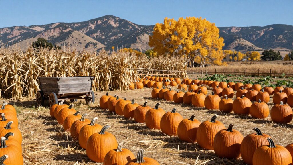 Pumpkin patch with a hay wagon and cornstalks below the foothills on a fall afternoon south of Denver