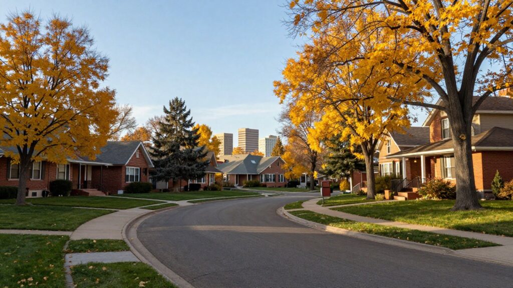 Illustration of a curving Southmoor Park Denver street with brick ranch homes and golden fall trees