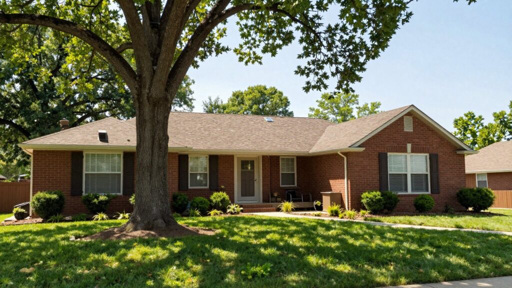 A brick ranch home with a large front yard tree in University Hills