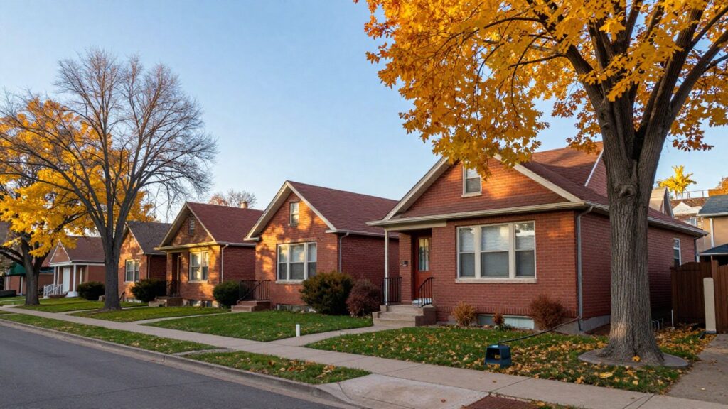 Autumn street of 1950s brick ranch homes and golden trees in Virginia Village, southeast Denver