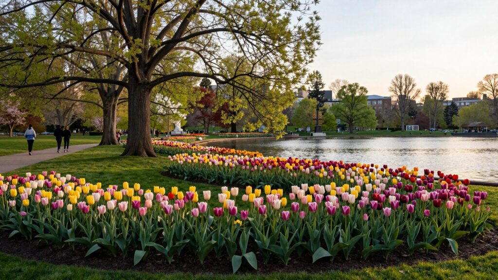 Tulip gardens beside the lake in Washington Park on a spring morning