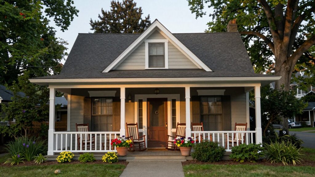 A craftsman bungalow porch with rocking chairs on a Washington Park street