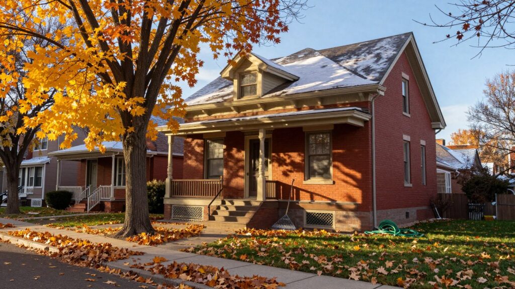 Brick bungalow on a South Denver street in fall with a golden maple, raked leaves and early snow on the roof